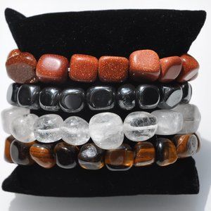 4 Pak / Hematite, Clear Quartz, & Tigers Eye Chunky Stretch  Bracelets